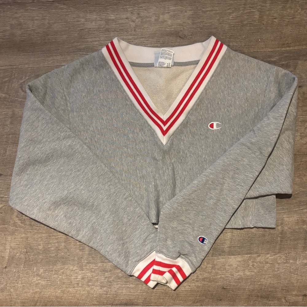 Champion Cream and Red V-Neck Sweater